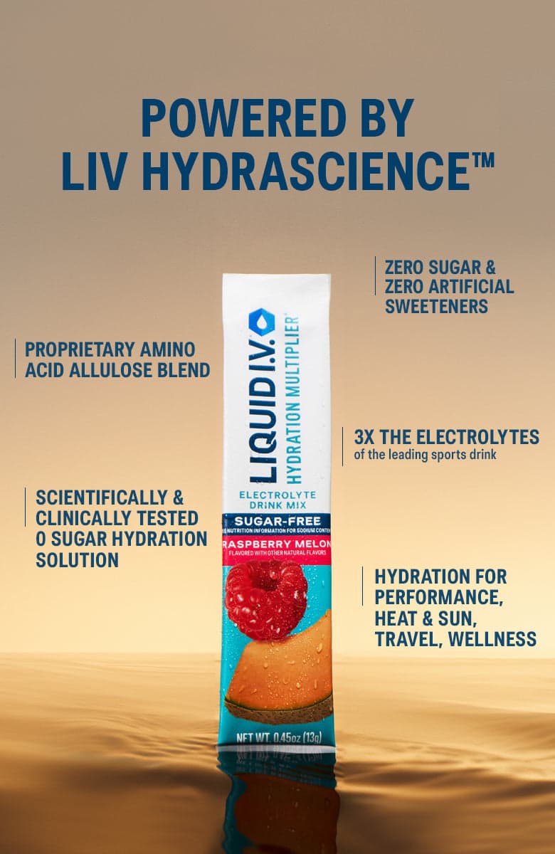 A Sugar-Free Raspberry Melon Liquid I.V. stick. The text highlights zero sugar, zero artificial sweeteners, and 3X the electrolytes of the leading sports drink