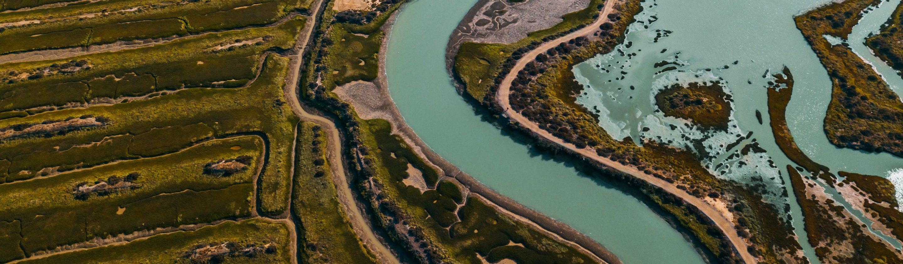 Satellite image of green land and turquoise roads of water