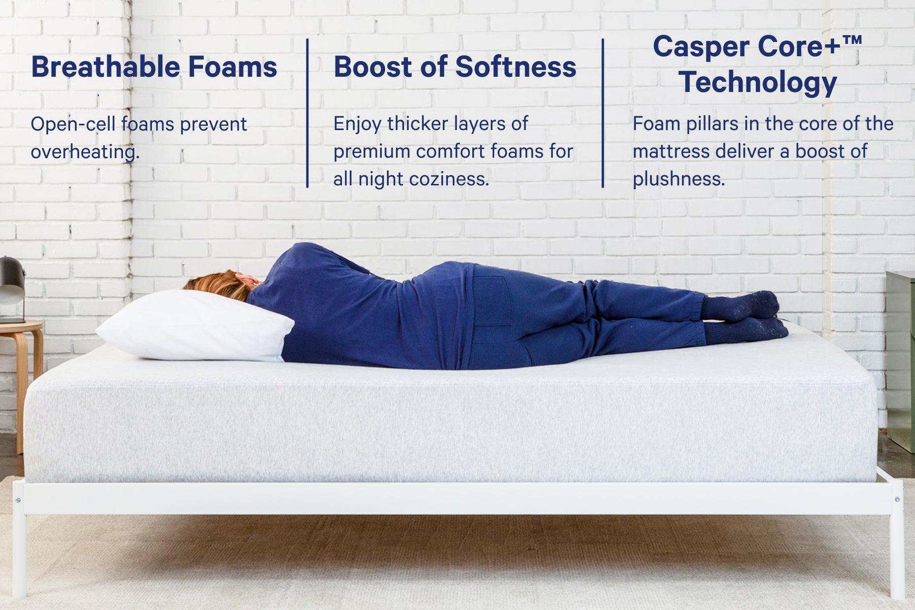 A person lying on their side on the Cloud One mattress. Text at the top of the image describes this mattress. Breathable foams are open-cell foams to prevent overheating. Enjoy thicker layers of premium comfort foams for all-night coziness and a boost of softness. Casper Core+TM technology uses foam pillars in the core of the mattress to deliver a boost of plushness.
