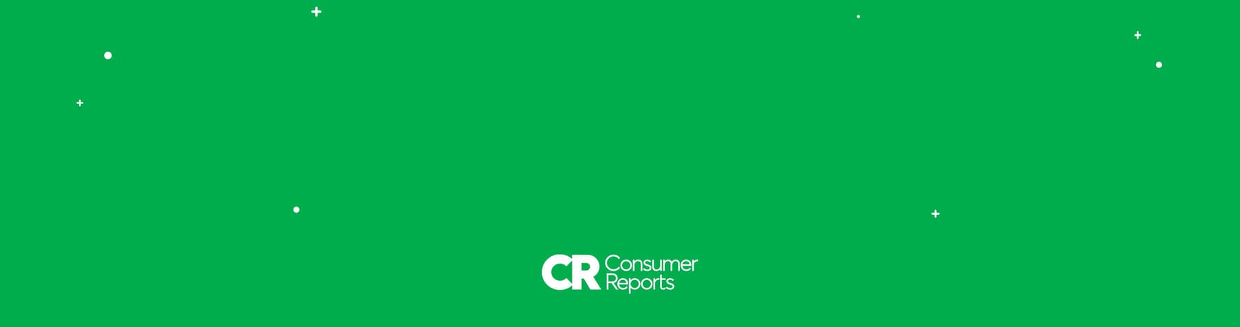 Solid green background with white stars scattered throughout. Inside it appear the words Consumer Reports with its CR logo next to it.