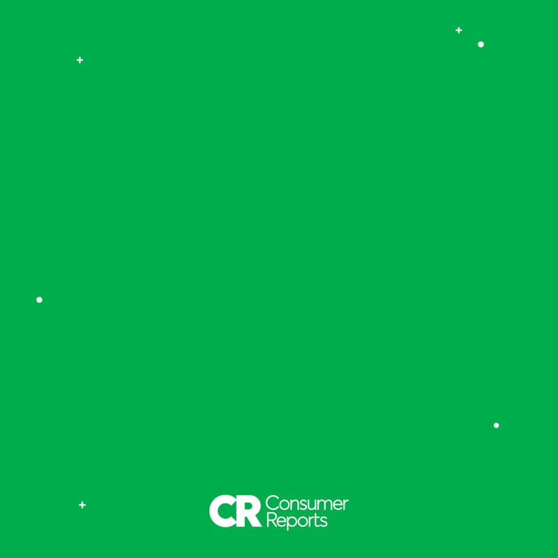 Solid green background with white stars scattered throughout. Inside it appear the words Consumer Reports with its CR logo next to it.