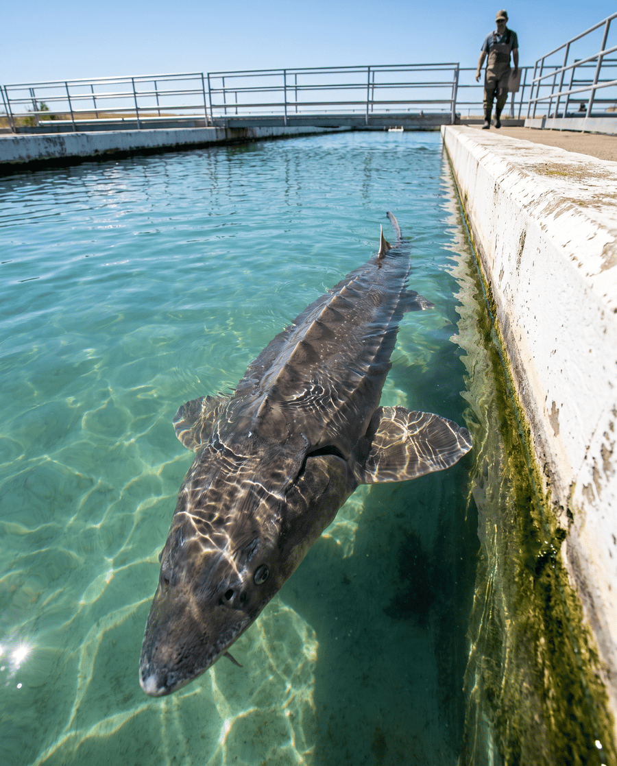 Sturgeon swimming in clear water at a farm