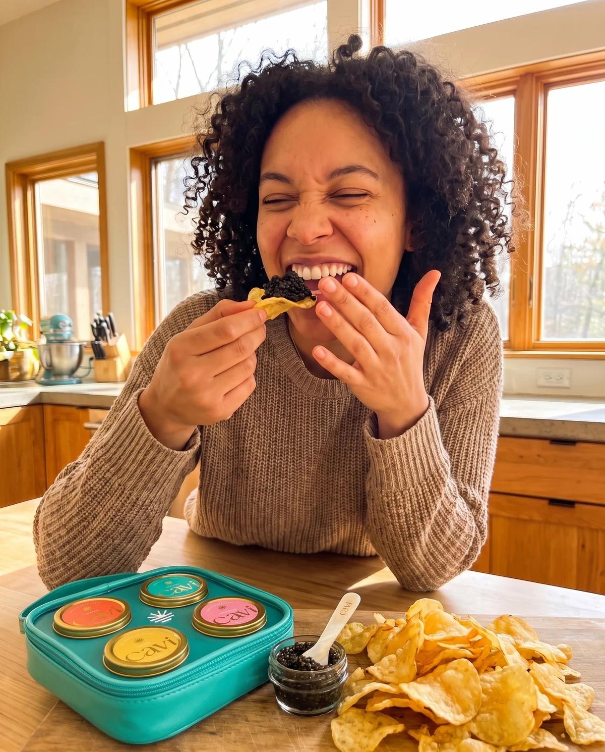 Laughing mid first bite of caviar from the CAVI Beginner Tasting Kit