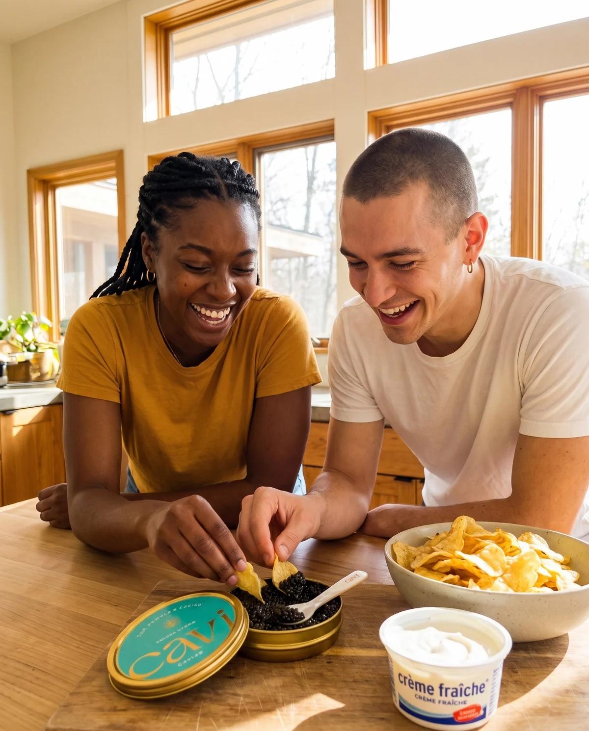 Two friends sharing a tin of CAVI Kaluga caviar on kettle chips