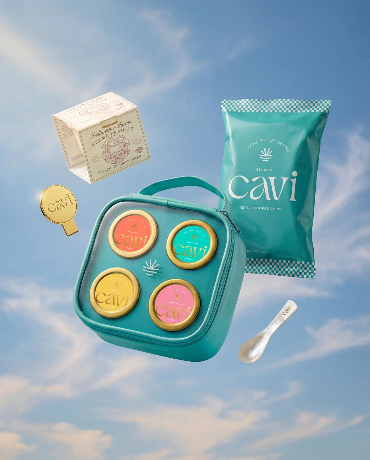 The CAVI Beginner Tasting Kit with chips, crème fraîche and a mother-of-pearl spoon
