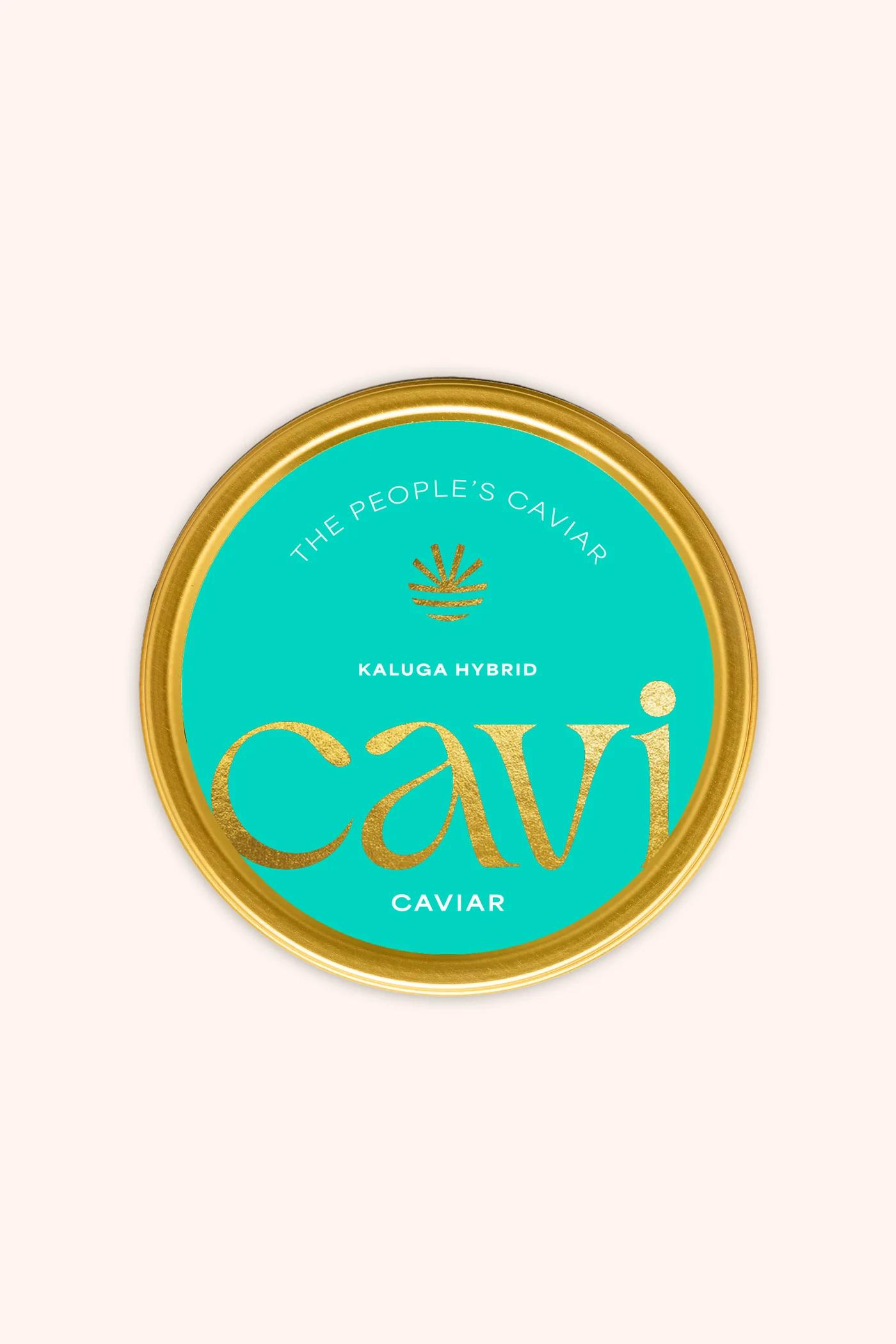 A closed tin of CAVI Kaluga Hybrid caviar