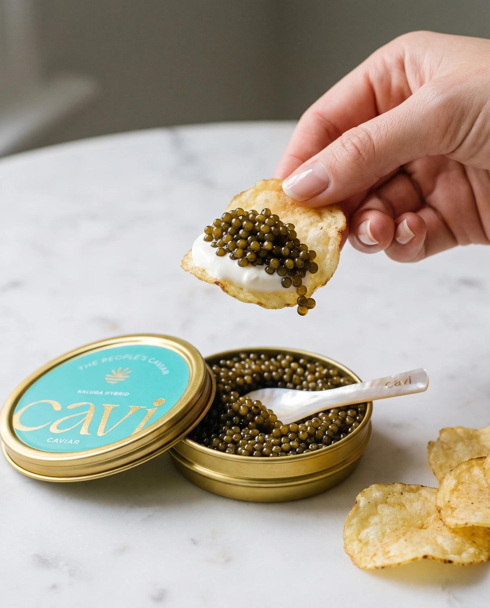 Close-up of caviar pearls on a mother-of-pearl spoon