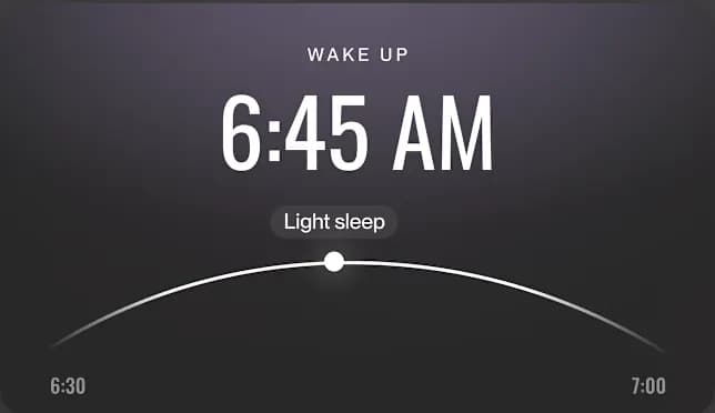 The app’s wake-up window, showing an alarm at 6:45 AM in light sleep between 6:30 and 7:00