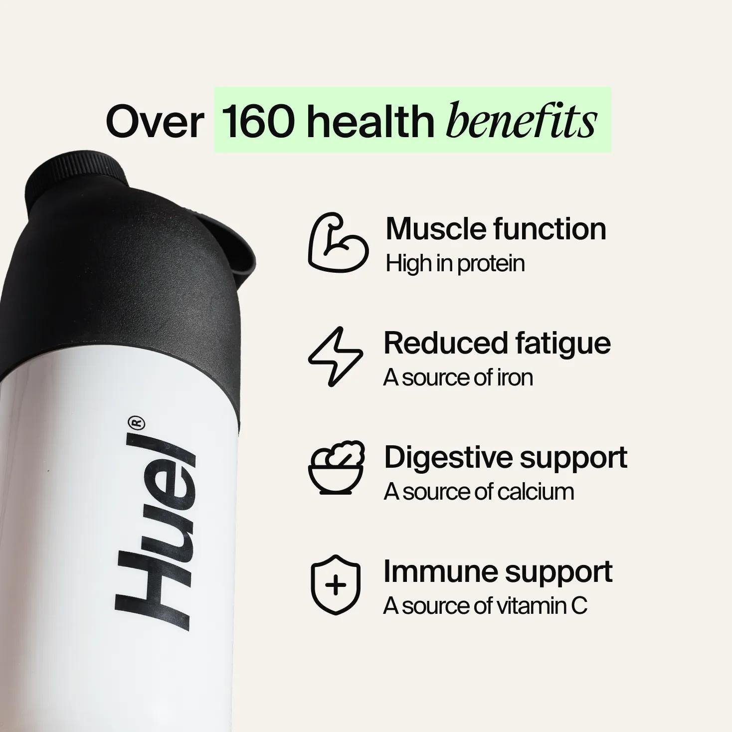 An infographic showing the health benefits of Huel and an image of a man drinking from a Huel shaker