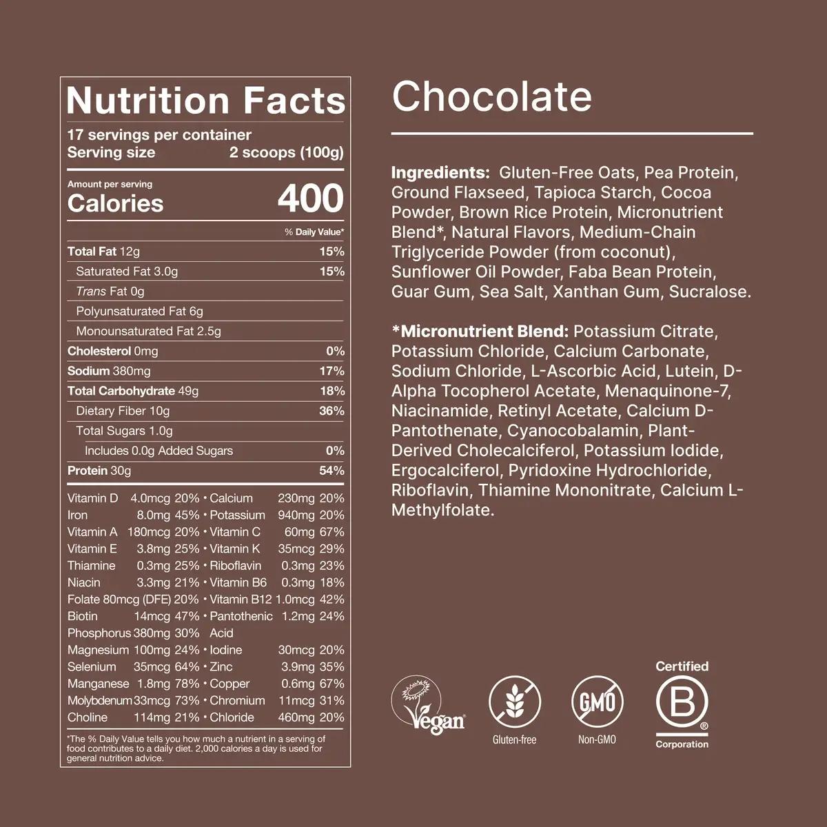 Back of pack nutritional information for Huel Powder