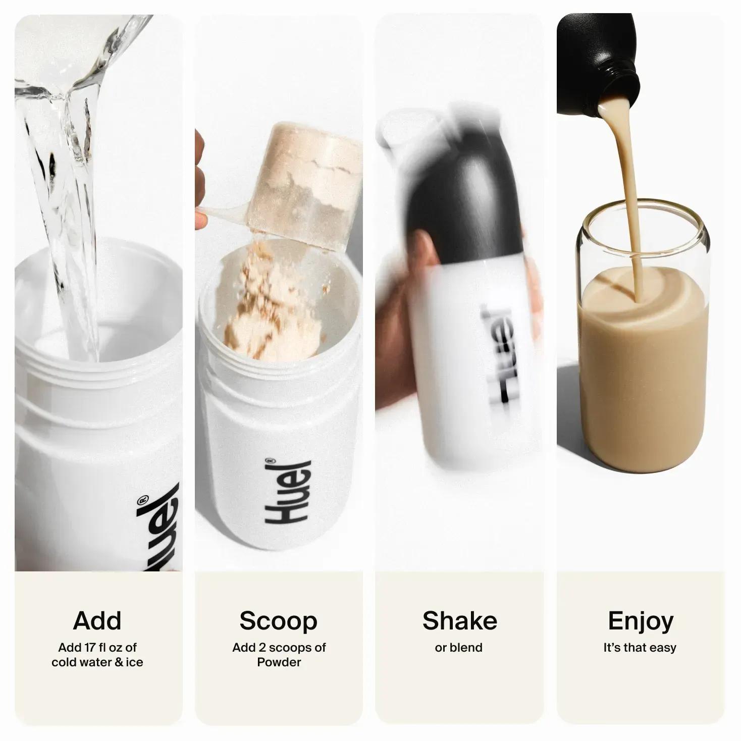 visual instructions for how to prepare a Huel Black Edition shake meal