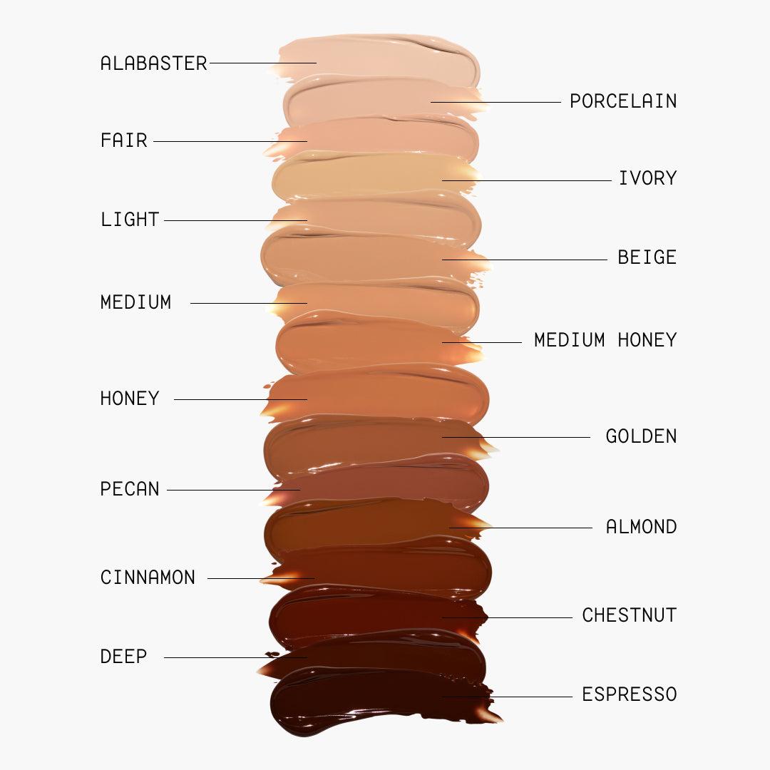 Swatches of all 16 Just Enough Tinted Moisturizer shades