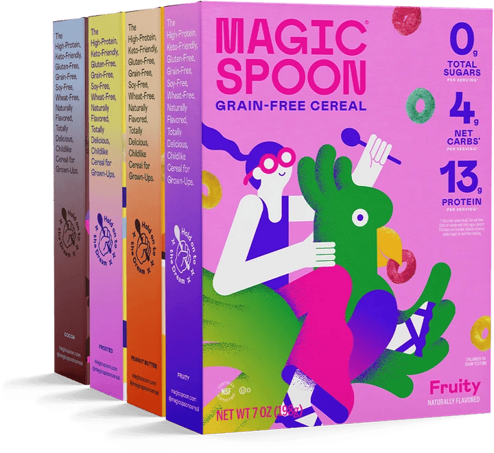 Four boxes of Magic Spoon grain-free cereal: Cocoa, Frosted, Peanut Butter and Fruity