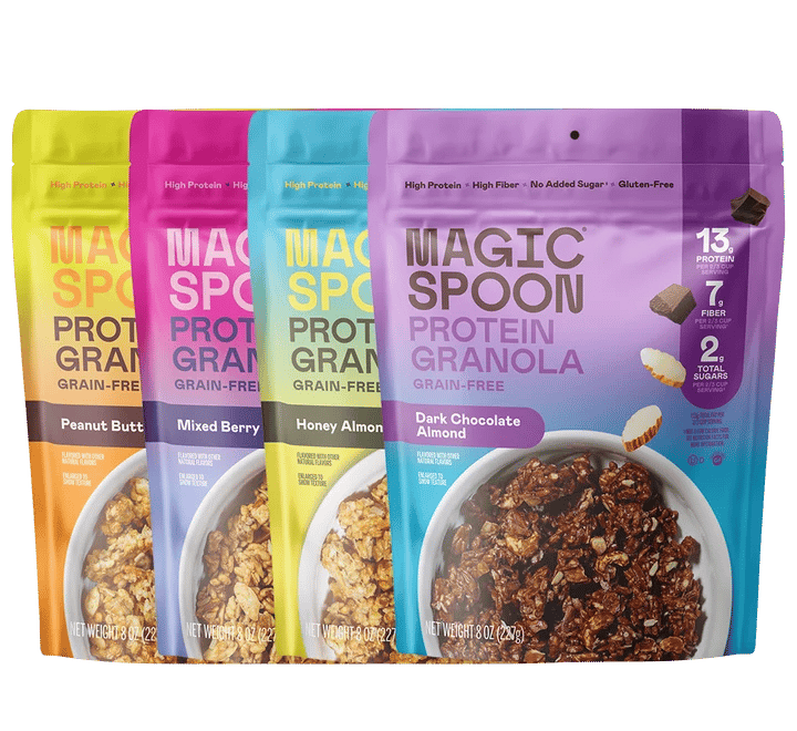 Four bags of Magic Spoon Protein Granola: Peanut Butter, Mixed Berry, Honey Almond and Dark Chocolate Almond