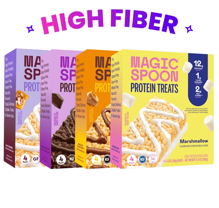 Four boxes of Magic Spoon Protein Treats, including Marshmallow, under a High Fiber banner