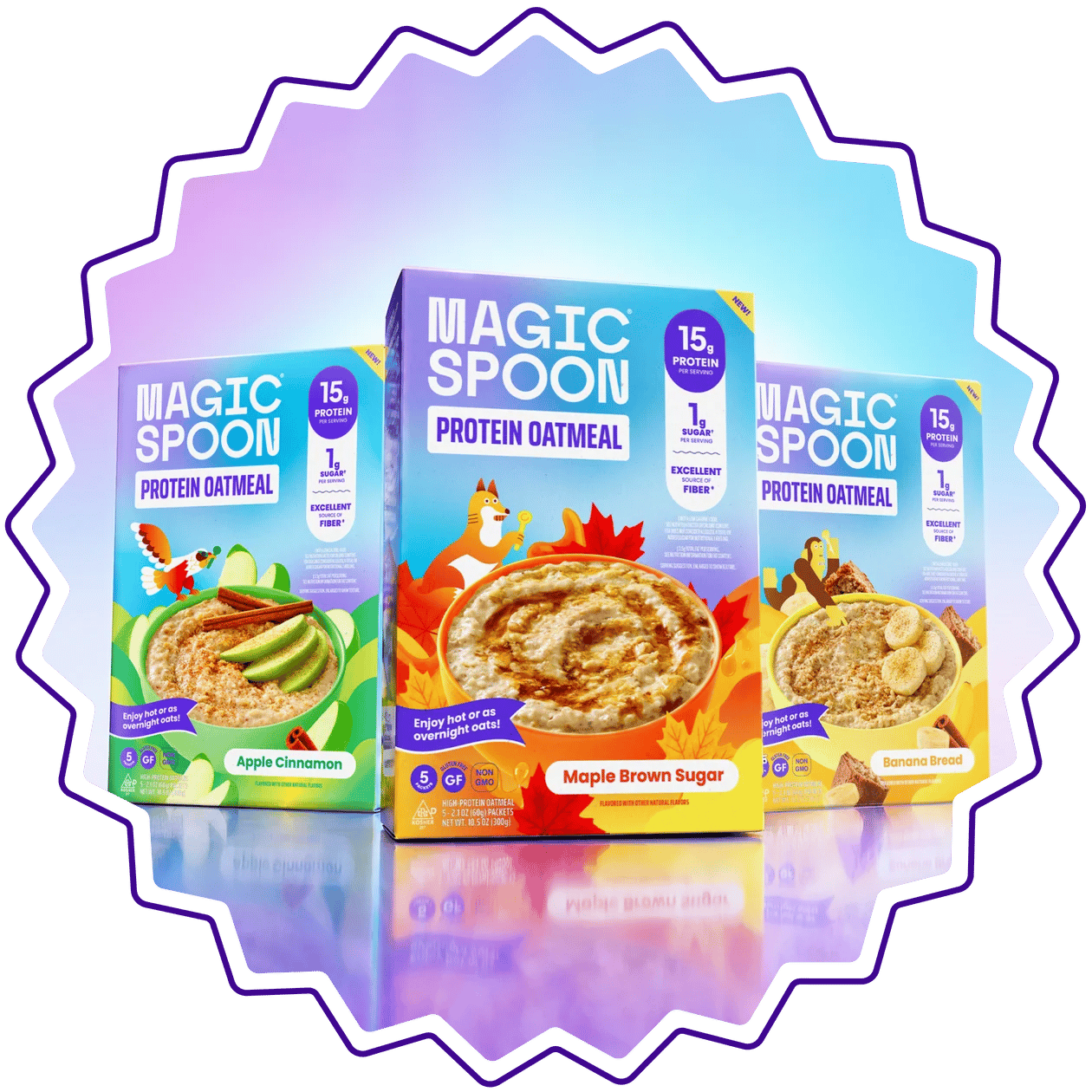 Three boxes of Magic Spoon Protein Oatmeal, including Apple Cinnamon and Maple Brown Sugar