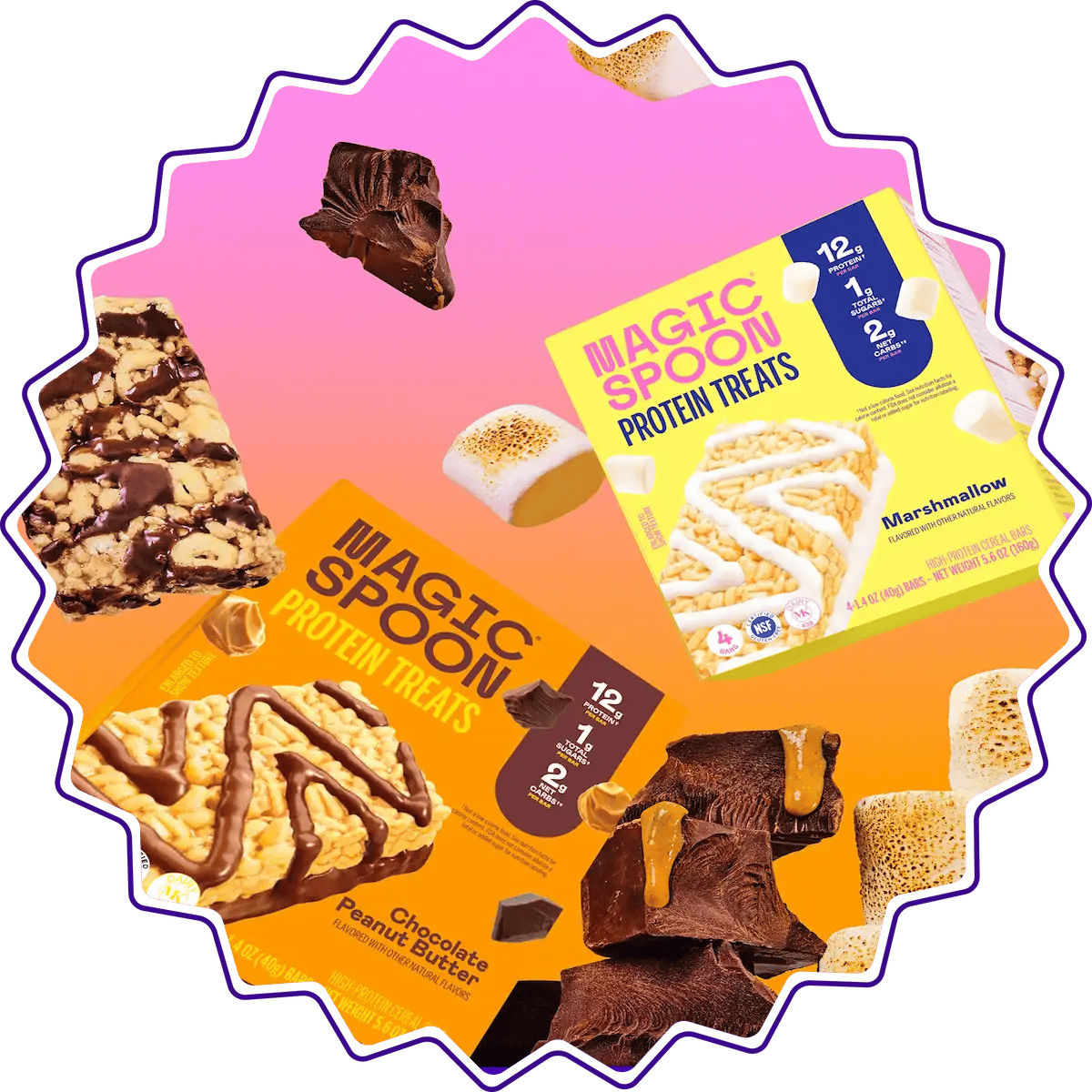Boxes of Magic Spoon Marshmallow and Chocolate Peanut Butter Protein Treats surrounded by broken treat pieces