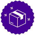 Purple scalloped badge with a shipping box icon