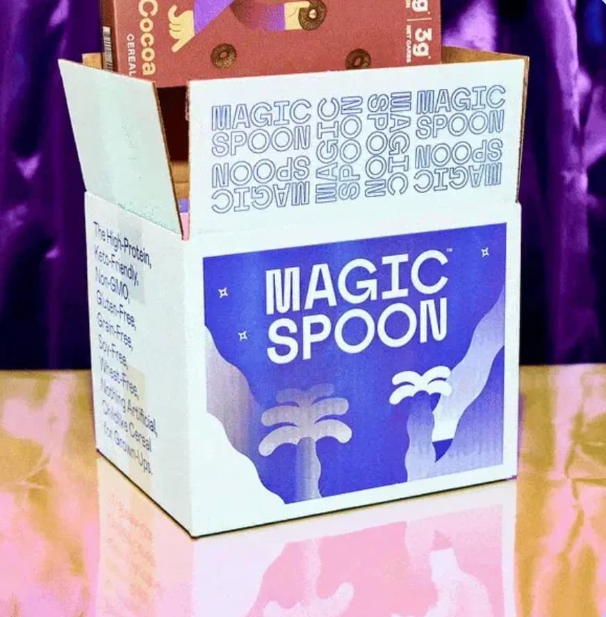Open Magic Spoon shipping box with a box of Cocoa cereal inside