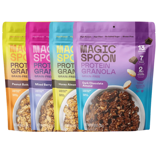 Four bags of Magic Spoon Protein Granola in assorted flavors