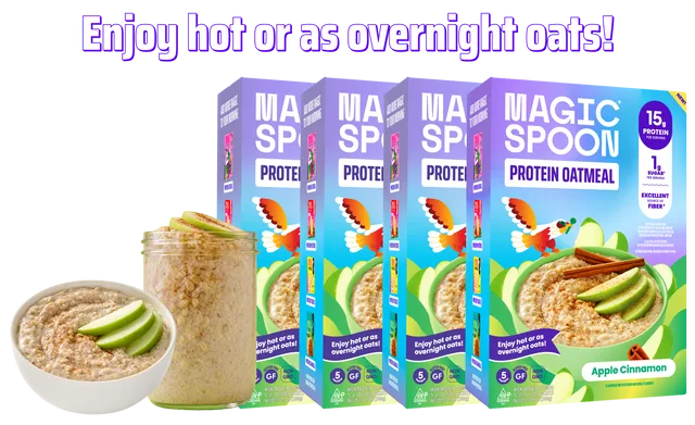 Boxes of Magic Spoon Apple Cinnamon Protein Oatmeal beside a bowl of oatmeal and a jar of overnight oats