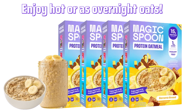 Boxes of Magic Spoon Banana Bread Protein Oatmeal beside a bowl of oatmeal and a jar of overnight oats