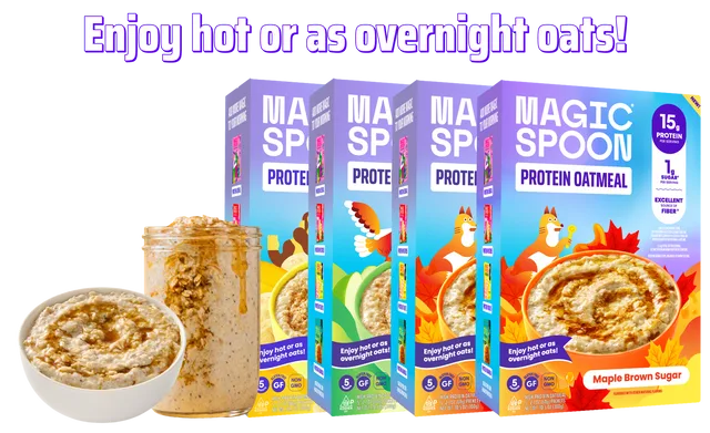 Boxes of Magic Spoon Protein Oatmeal in assorted flavors beside a bowl of oatmeal and a jar of overnight oats
