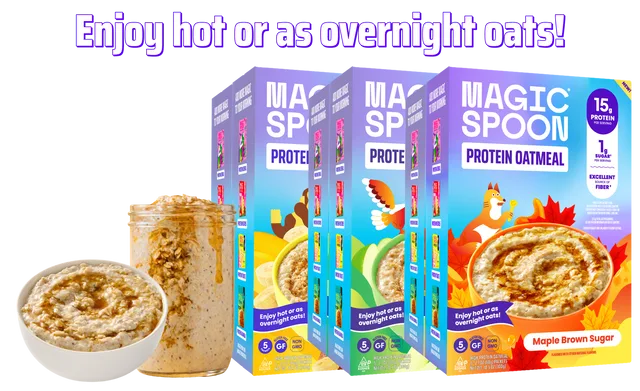 Boxes of Magic Spoon Protein Oatmeal in assorted flavors beside a bowl of oatmeal and a jar of overnight oats