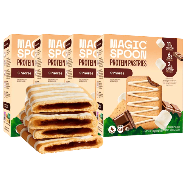 Boxes of Magic Spoon S'mores Protein Pastries with a stack of pastries