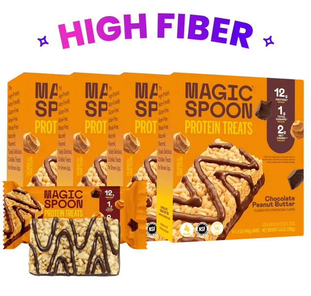 Boxes of Magic Spoon Chocolate Peanut Butter Protein Treats with an unwrapped treat