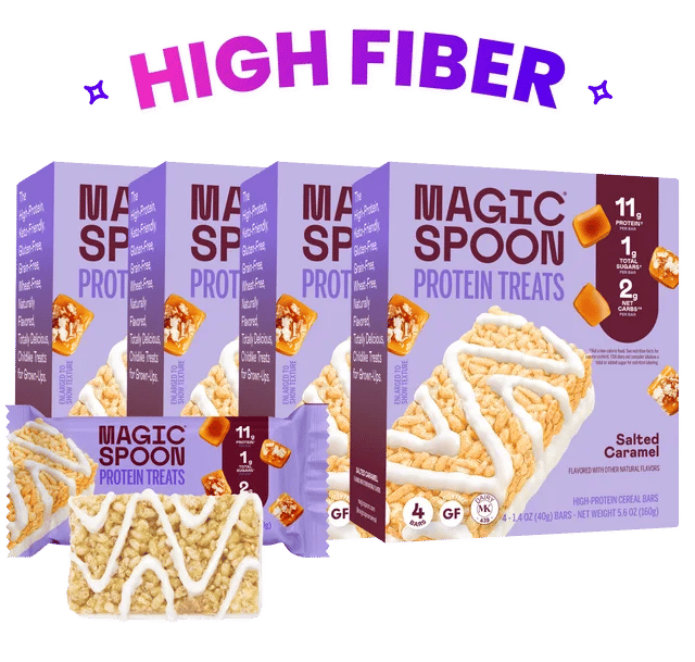 Boxes of Magic Spoon Salted Caramel Protein Treats with an unwrapped treat