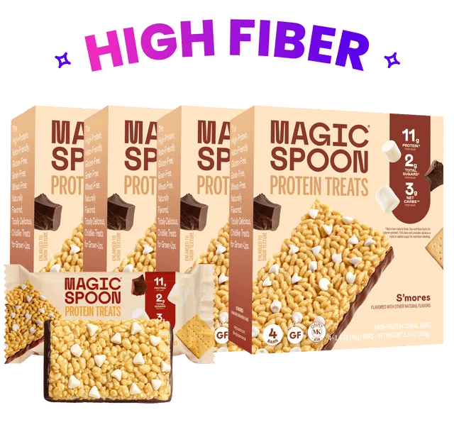 Boxes of Magic Spoon S'mores Protein Treats with an unwrapped treat