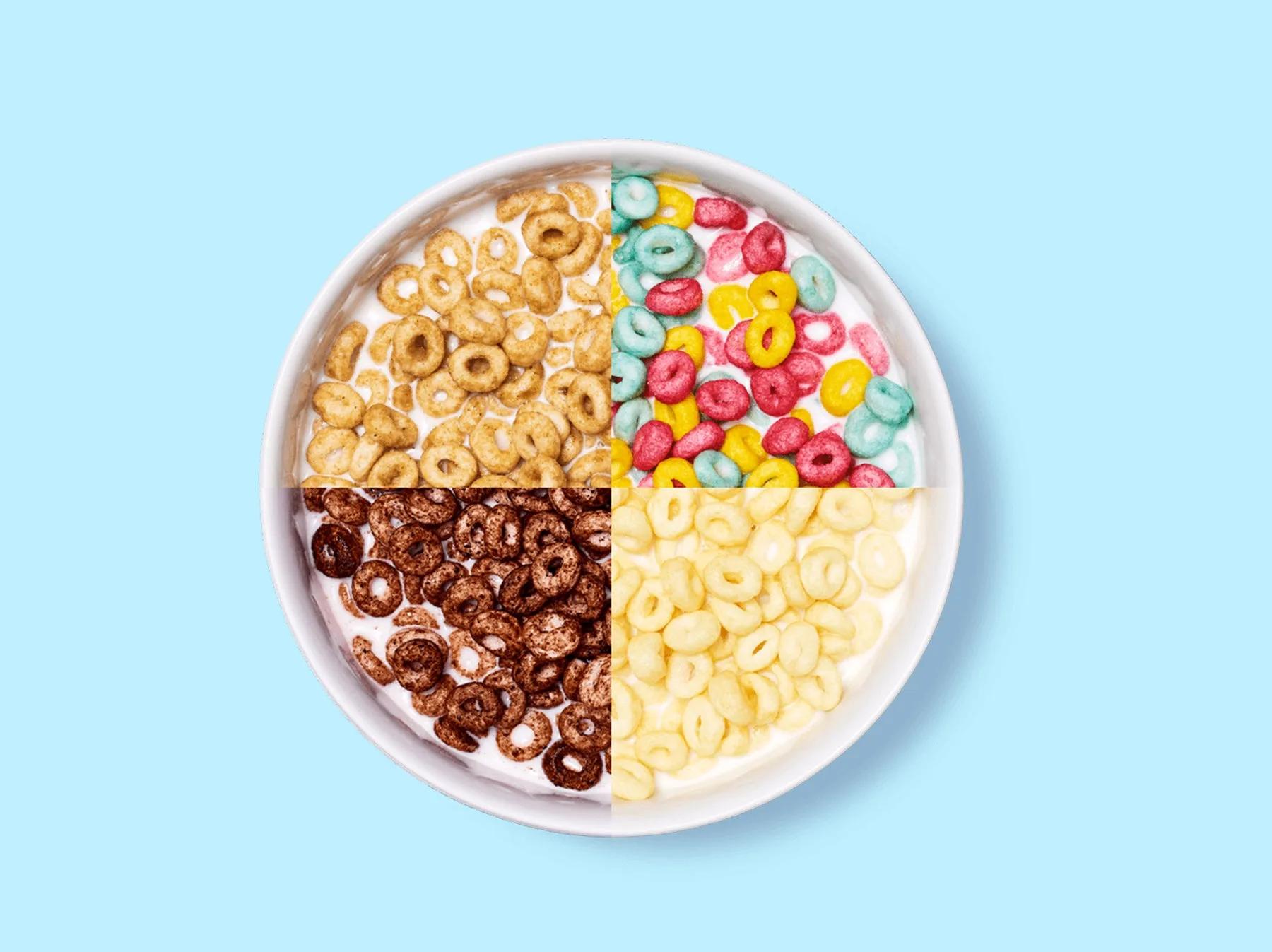 Bowl split into quarters of Peanut Butter, Fruity, Cocoa and Frosted Magic Spoon cereal