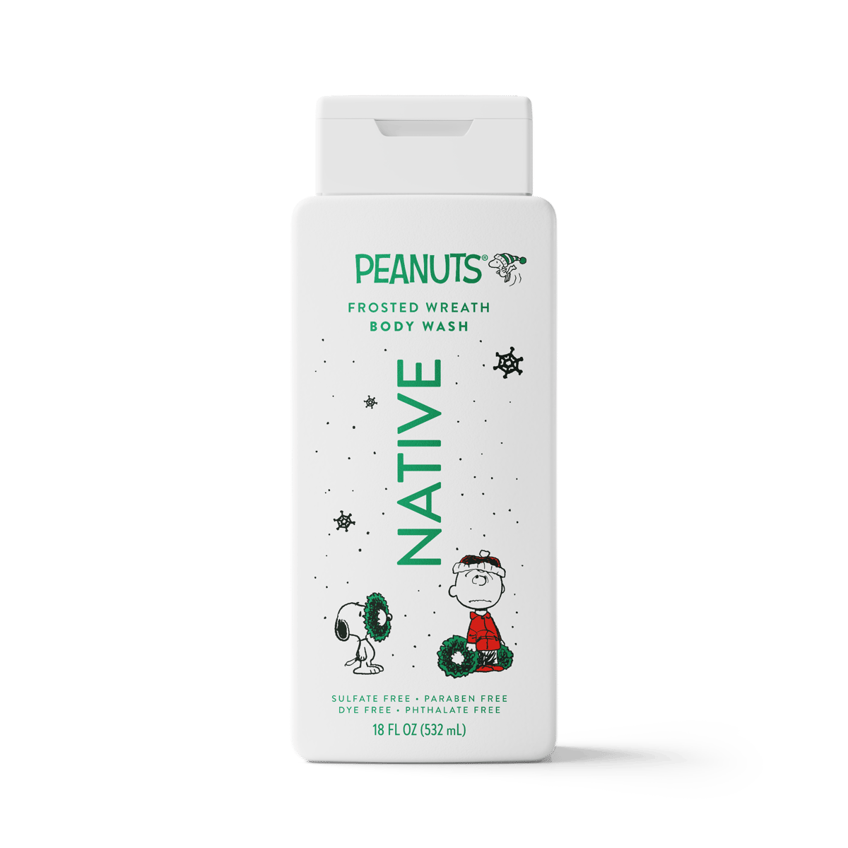 A white bottle of Peanuts Frosted Wreath Body Wash with festive holiday illustrations of Snoopy and Charlie Brown wearing green wreaths, on a clean white background.