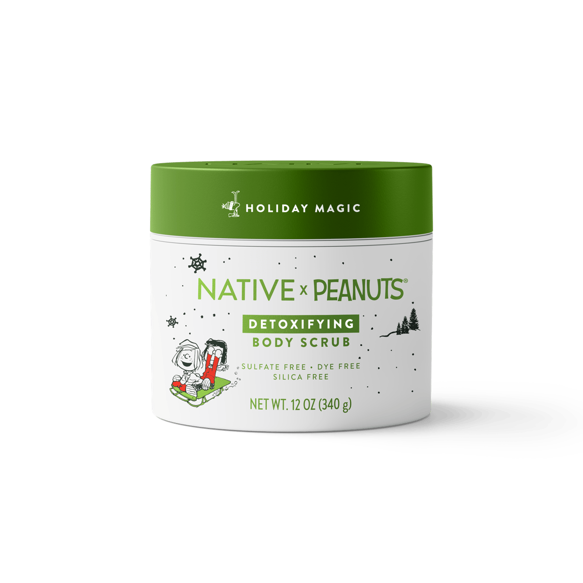 A white plastic jar of Native x Peanuts Detoxifying Body Scrub by Holiday Magic, featuring a green lid and festive holiday-themed label with cartoon illustrations of Snoopy and Woodstock.