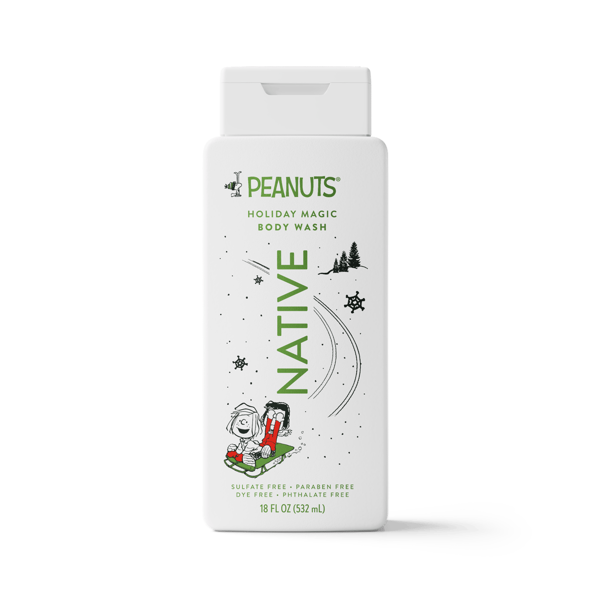 A 16 fl oz white bottle of Peanuts Holiday Magic Body Wash, featuring a festive winter-themed label with Snoopy and Charlie in a sled, green text, and a white cap.