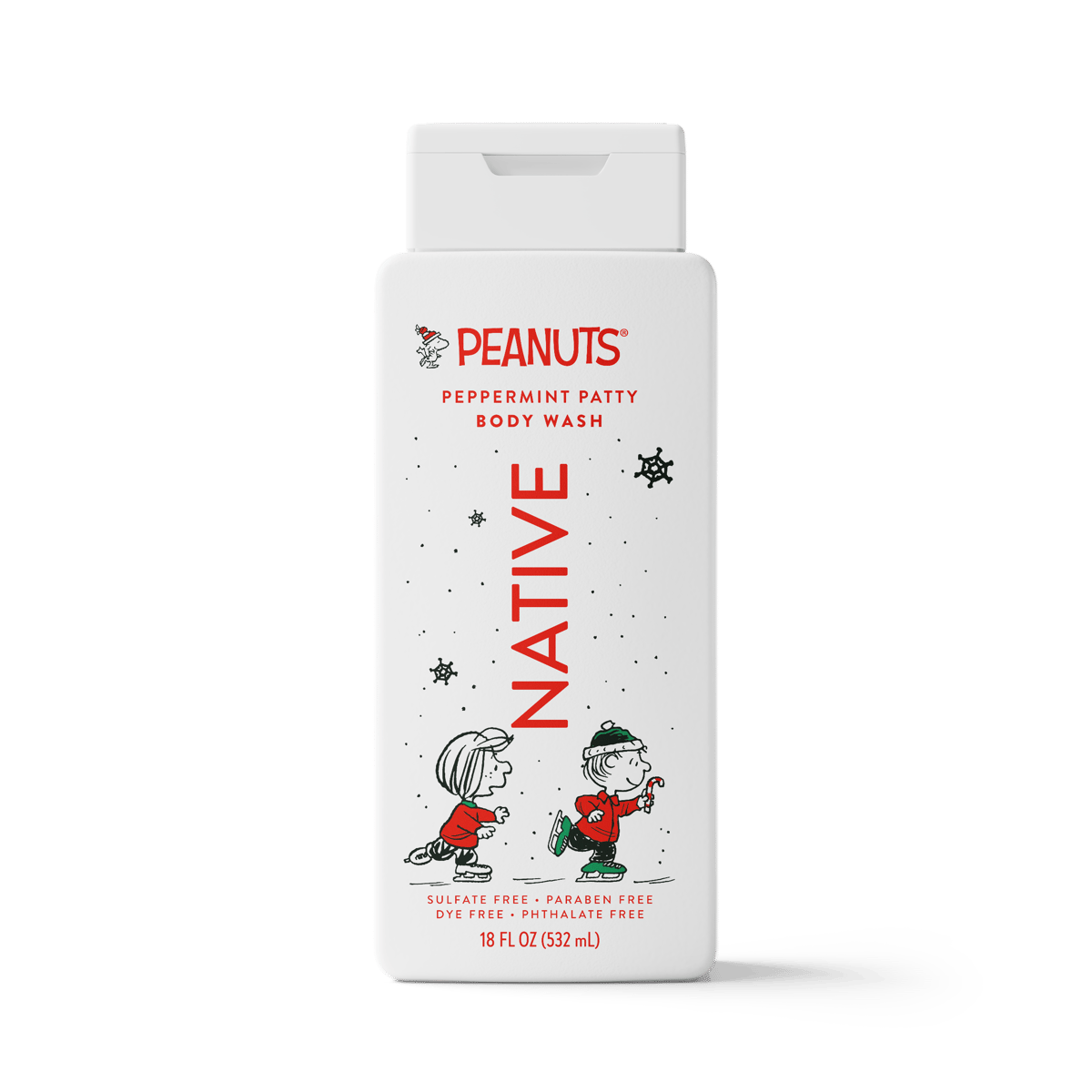 A white plastic bottle of Peanuts Peppermint Patty Body Wash with a white cap, featuring red text and Snoopy and Woodstock illustrations on a clean white background.