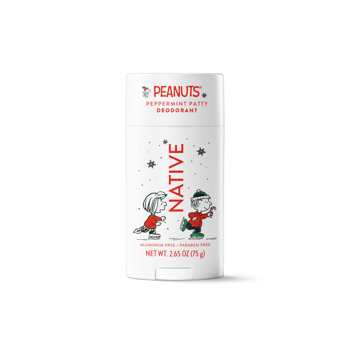 A Peanuts Peppermint Patty Deodorant stick in a white rectangular container with red and black text and cartoon illustrations of Charlie Brown and Snoopy on a white background.