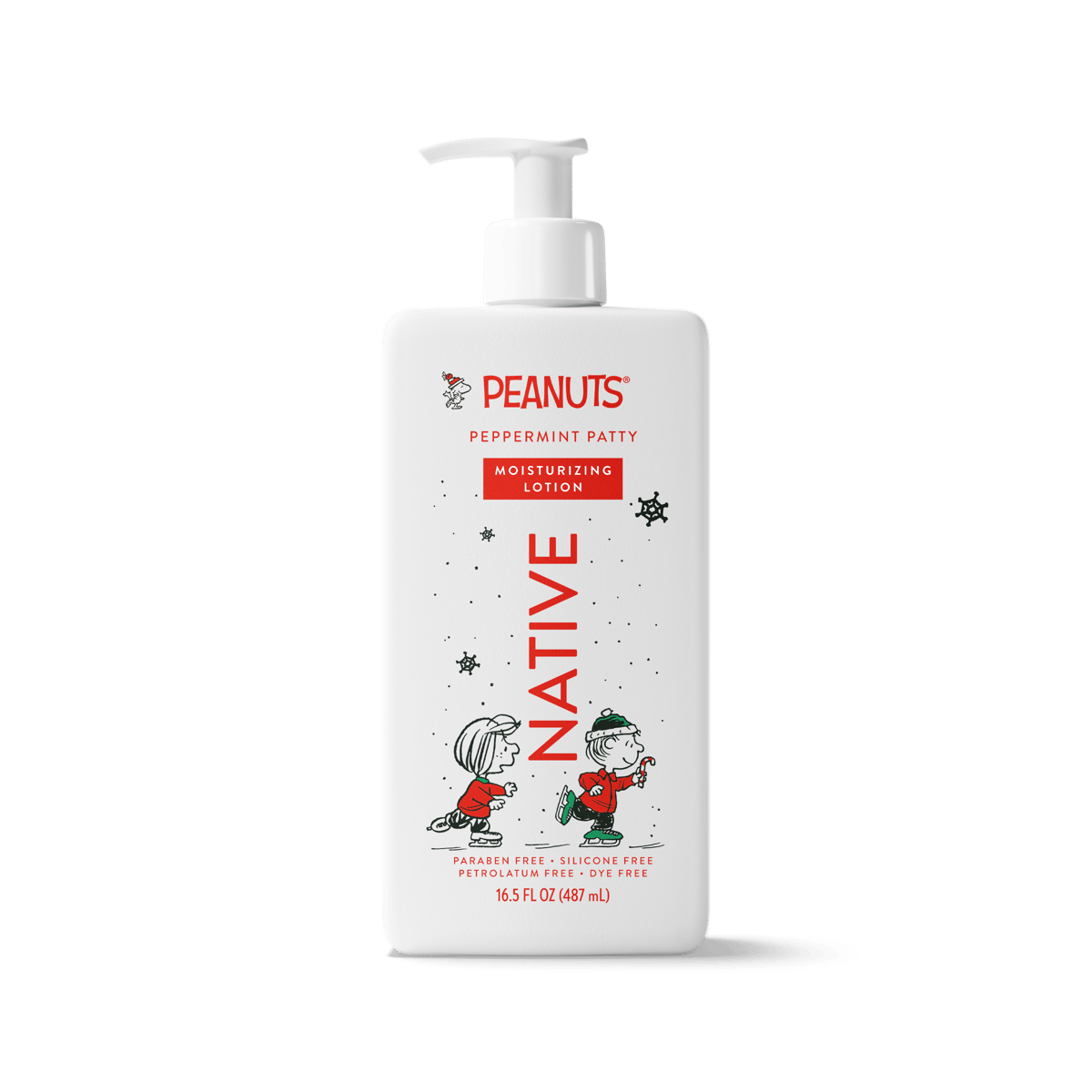 A 16.5 fl oz bottle of Peanuts Peppermint Patty Moisturizing Lotion by Native, featuring a white bottle with a pump dispenser and festive red and black holiday illustrations of Snoopy and Woodstock.