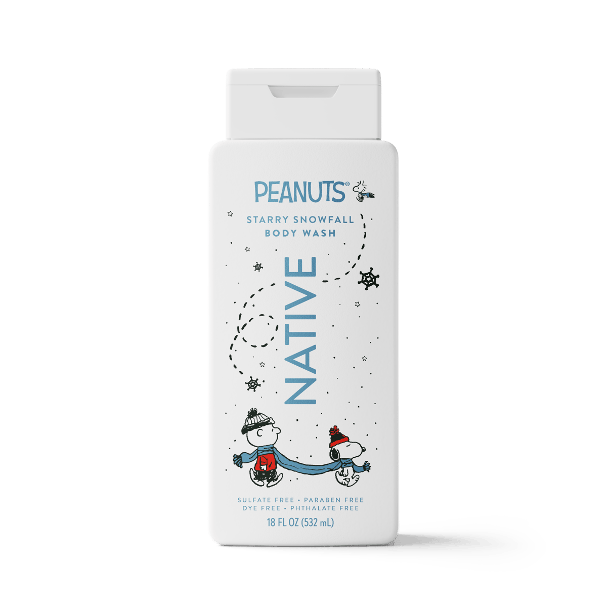 A 16 fl oz bottle of Peanuts Starry Snowfall Body Wash, featuring a white background with blue and black text and illustrations of Snoopy and Woodstock under a starry sky.