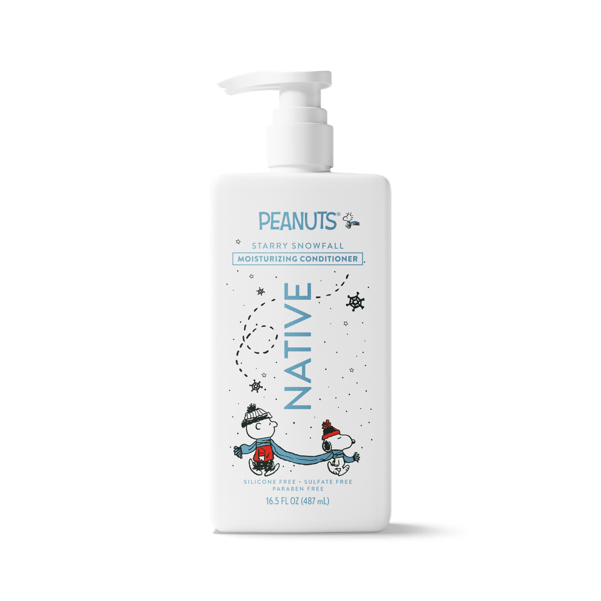 A 16.5 fl oz white pump bottle of Native Peanuts Starry Snowfall Moisturizing Conditioner, featuring a cartoon illustration of Snoopy and Peanuts riding a bicycle on the front label.
