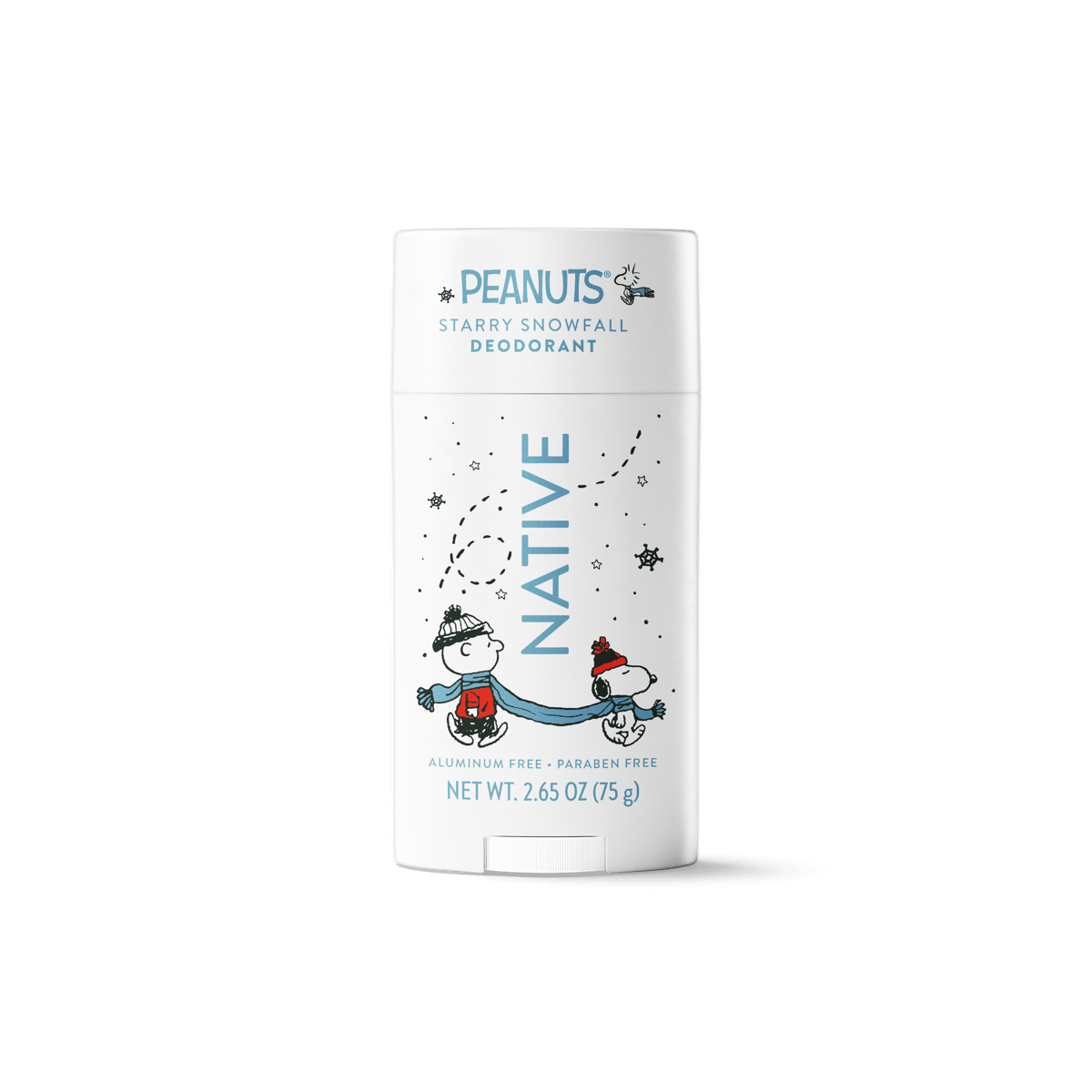 A white Peanuts deodorant stick with blue, red, and black holiday-themed illustration of Charlie Brown and Snoopy on a clean white background.