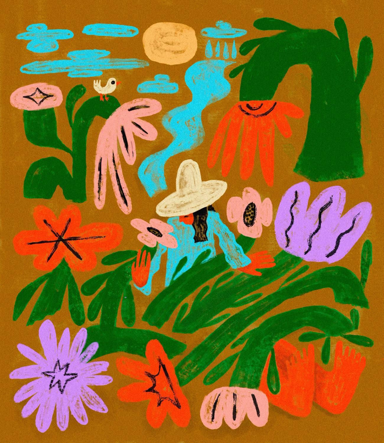 Painted illustration of flowers, plants and pollinators