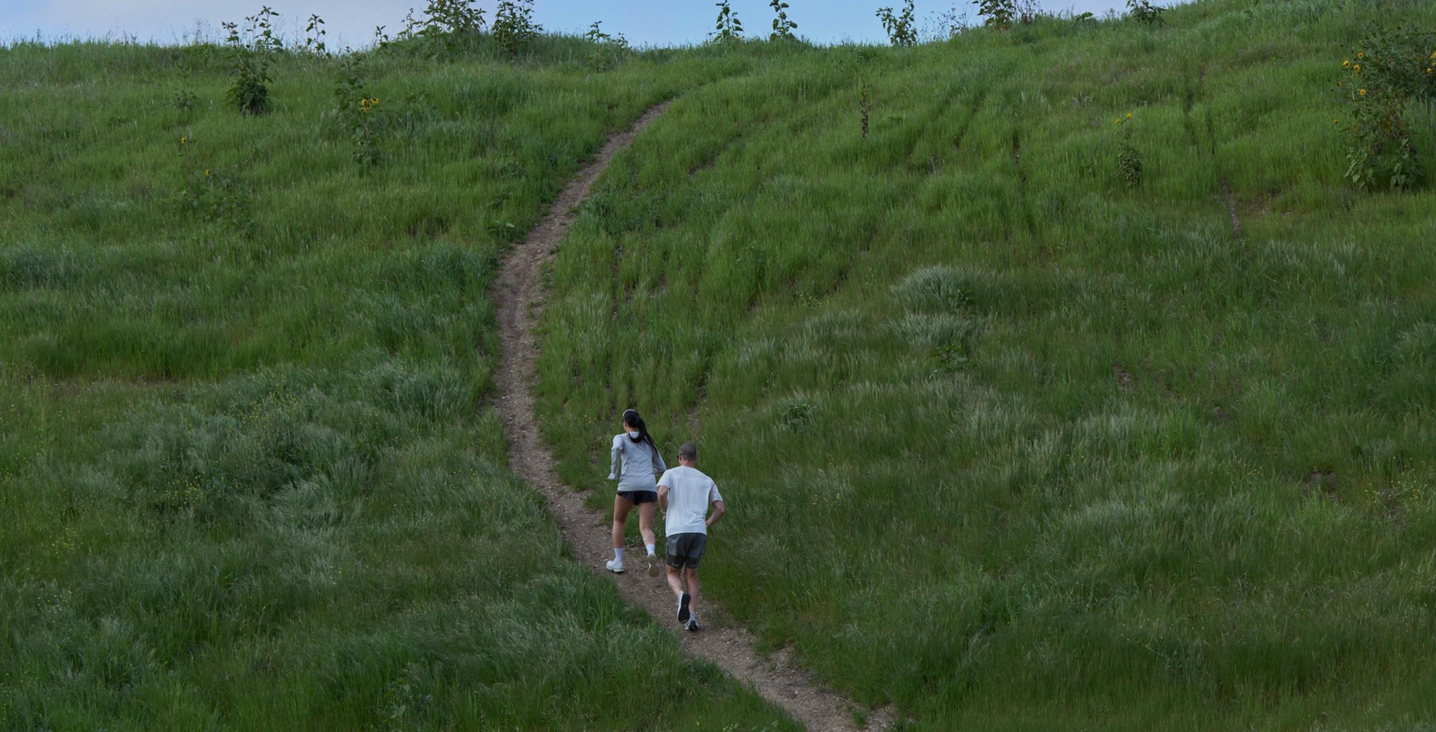 Two runners on a grass trail at sunrise