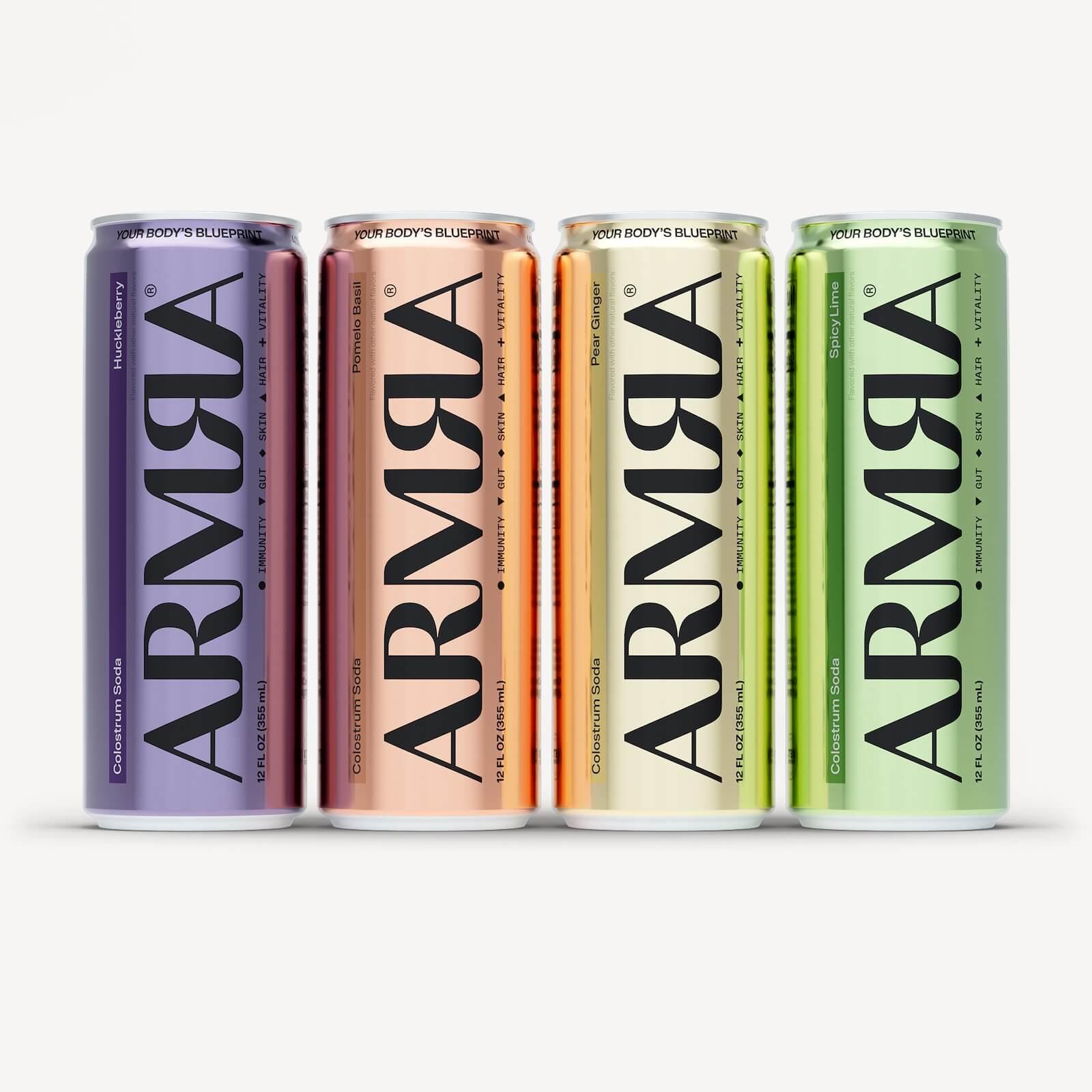 ARMRA Colostrum Soda Variety 12-Pack — Huckleberry, Pomelo Basil, Pear Ginger, Spicy Lime