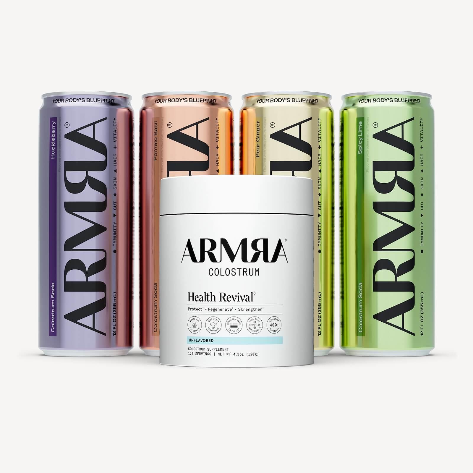 ARMRA Colostrum Totality Set — Unflavored Jar and Colostrum Soda Variety Pack