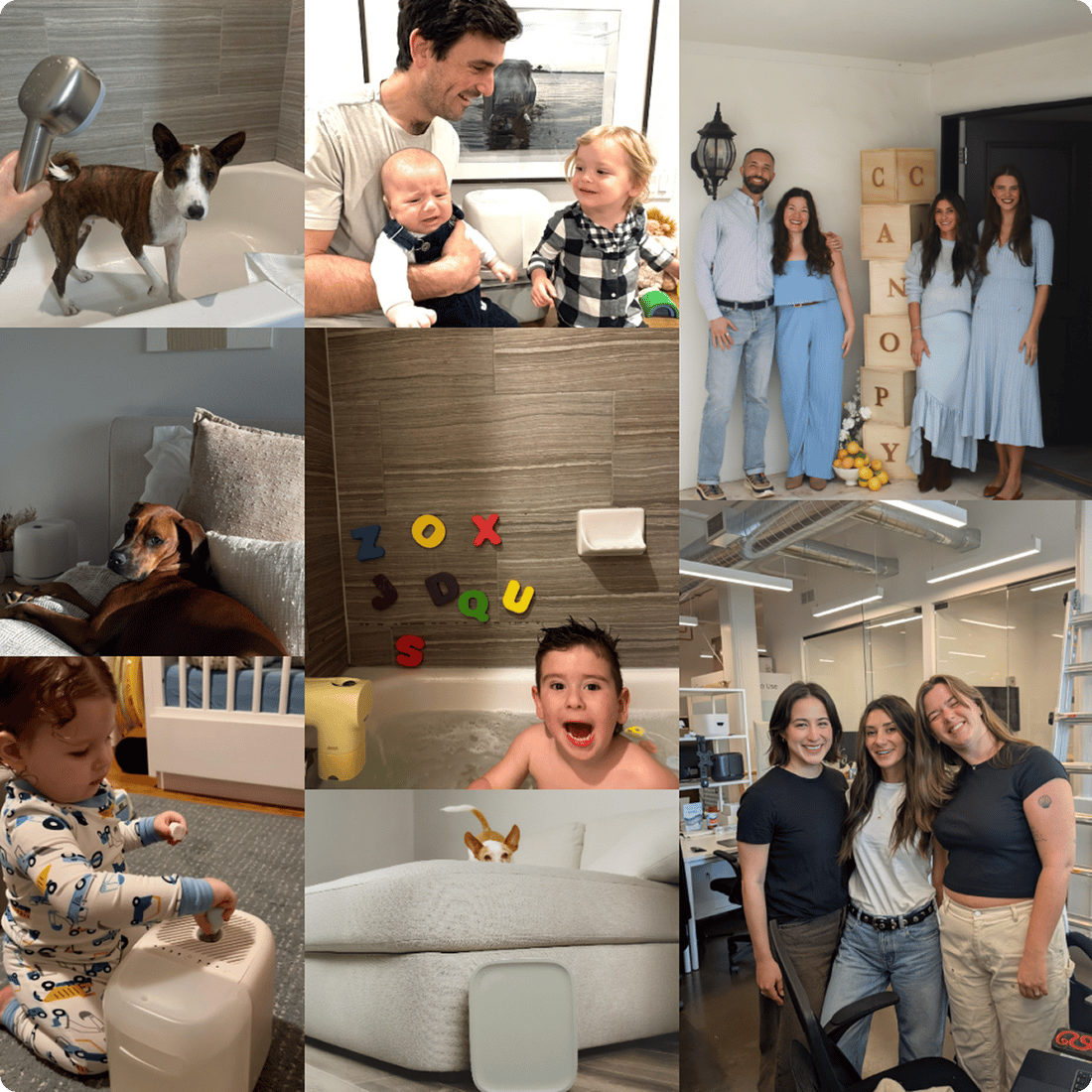 Collage of Canopy team members, their kids, and pets at home and in the office