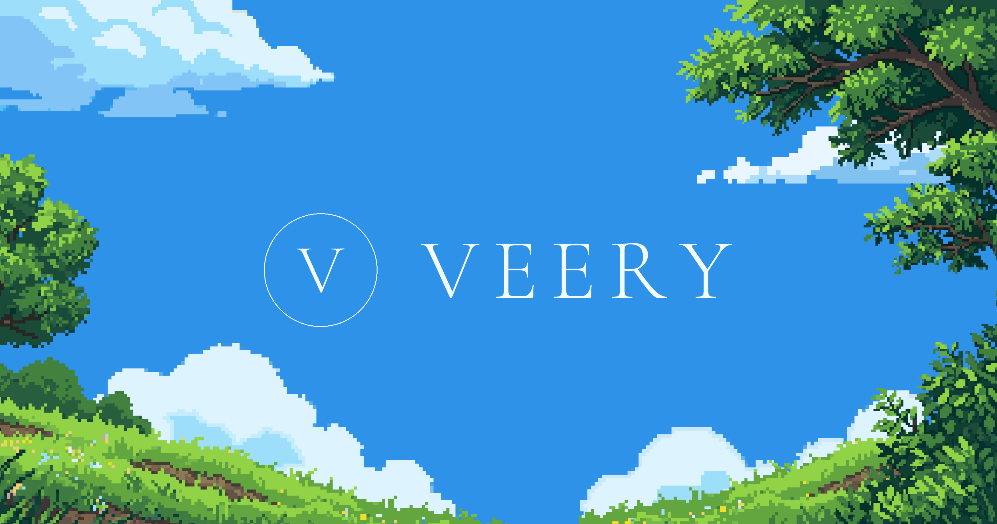 Veery logo over an illustrated landscape with blue sky and clouds