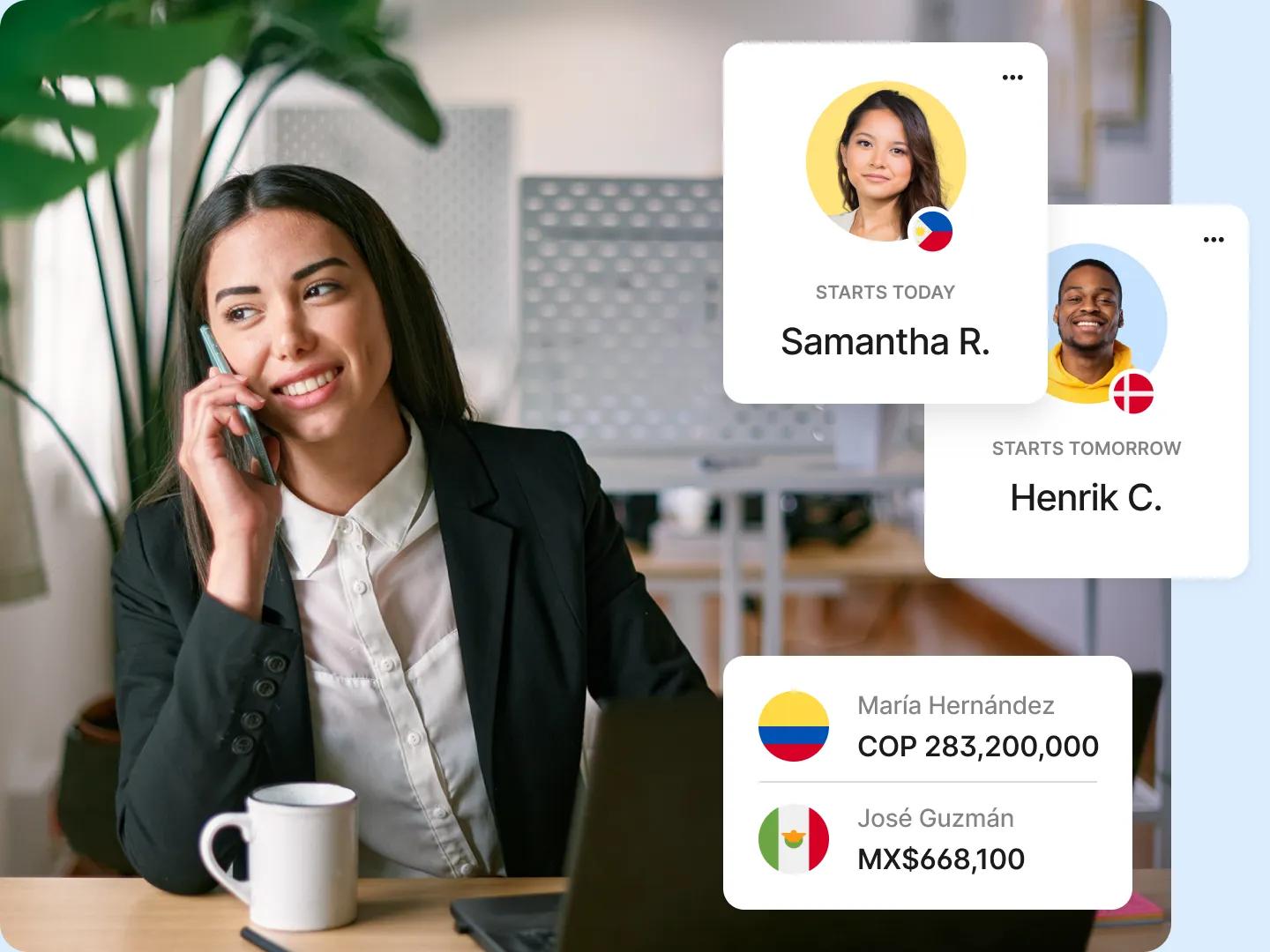 A team member preparing onboarding paperwork at a desk while a global hiring dashboard overlays the scene.