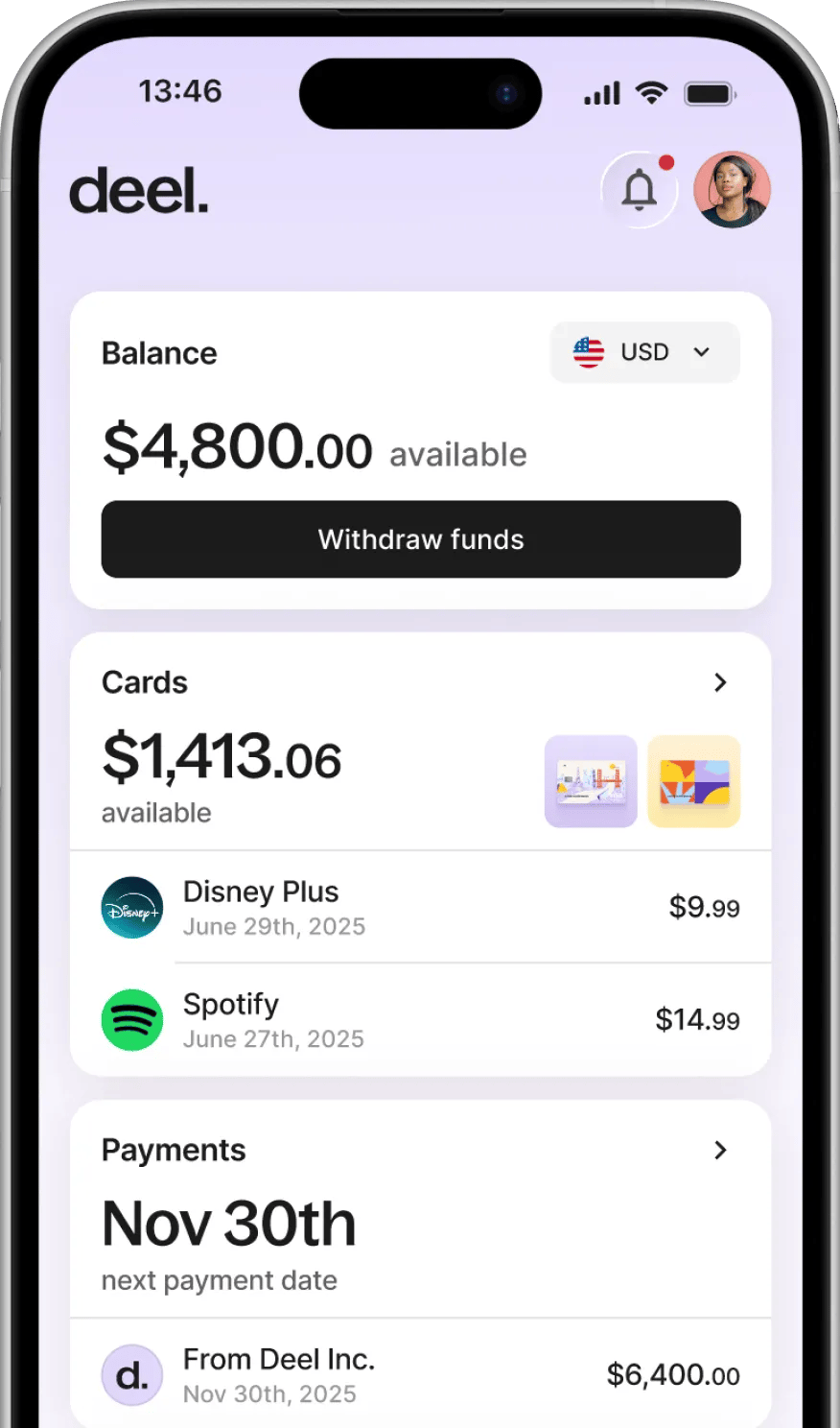 A smartphone displaying the Deel mobile app interface, showing a user's balance of $4,800.00, recent card transactions for Disney Plus and Spotify, and an upcoming payment date of November 30th.